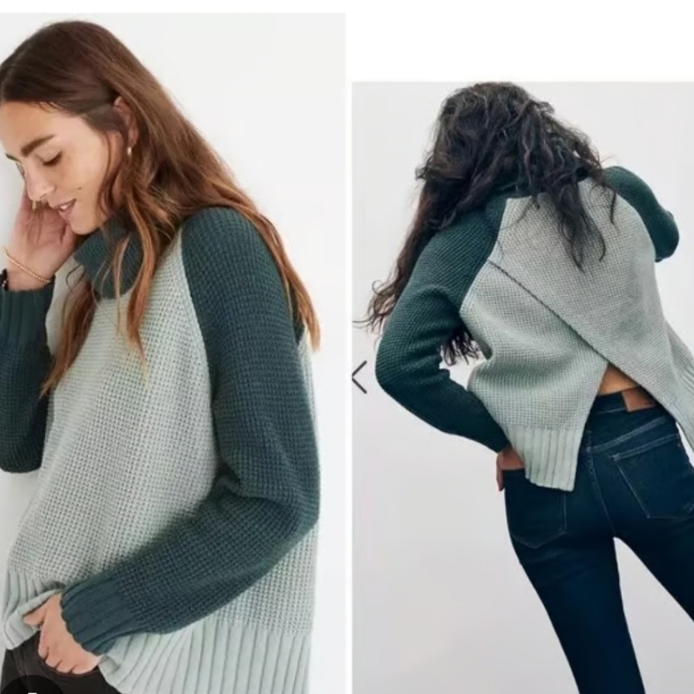 Madewell Colorblock Back Cut Turtleneck Frosted Sage Merino Wool Blend Sweater M